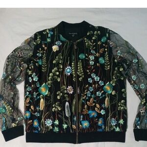 Canvas Black Bomber Jacket with Floral Embroidery